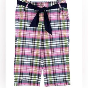 Land’s End Women’s Crop Capri Pants Plaid Relaxed Tie Belt Expandable size 16